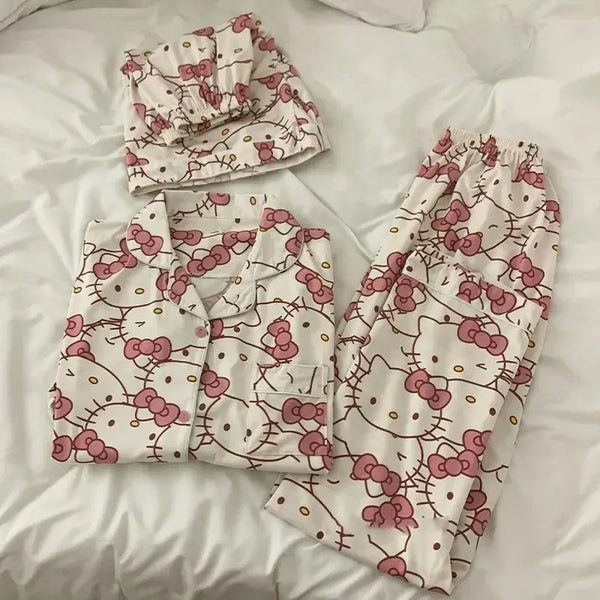 Kawaii Hello Kitty Pajamas Trousers Shorts Three Piece Set MINISO Anime Cinnamoroll Lovely Girl Student Sweet  Leisure Wear New Couture Cozy