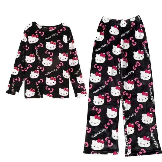 Kawaii Sanrio Hello Kitty Anime Shirt Ins Pants Pajamas Set Cute Cartoon Warm Outside Wearing Homewear Clothing Gifts for Kids Couture Cozy