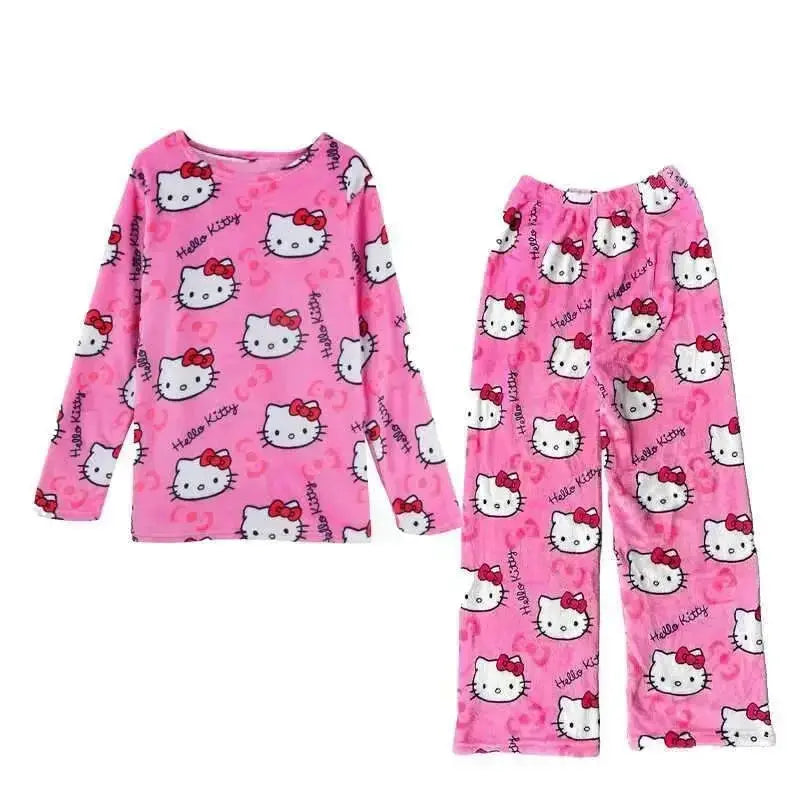 Kawaii Sanrio Hello Kitty Anime Shirt Ins Pants Pajamas Set Cute Cartoon Warm Outside Wearing Homewear Clothing Gifts for Kids Couture Cozy