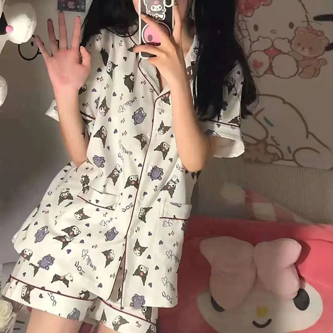 Kawaii Sanrios Kuromi Pajama Sets Spring and Autumn Cartoon Cotton Pajamas for Women Cute Casual Home Wear Set Couture Cozy