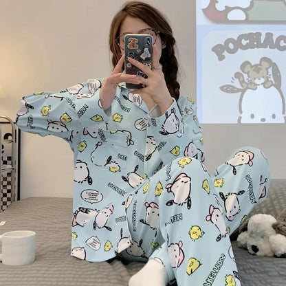 Kawaii Sanrios Kuromi Pajama Sets Spring and Autumn Cartoon Cotton Pajamas for Women Cute Casual Home Wear Set Couture Cozy