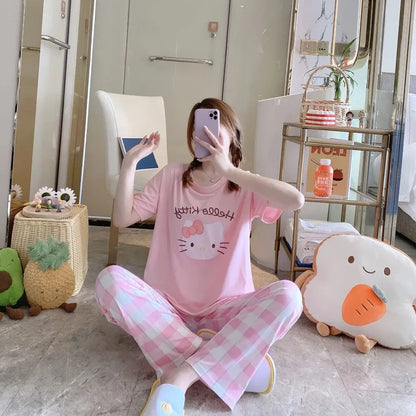 Kawaii Sanrios Kuromi Pajama Sets Spring and Autumn Cartoon Cotton Pajamas for Women Cute Casual Home Wear Set Couture Cozy