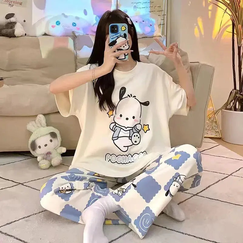 Kawaii Sanrios Kuromi Pajama Sets Spring and Autumn Cartoon Cotton Pajamas for Women Cute Casual Home Wear Set Couture Cozy