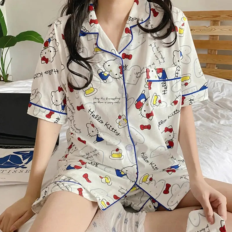 Kawaii Sanrios Kuromi Pajama Sets Spring and Autumn Cartoon Cotton Pajamas for Women Cute Casual Home Wear Set Couture Cozy