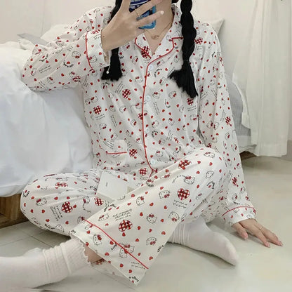 Kawaii Sanrios Kuromi Pajama Sets Spring and Autumn Cartoon Cotton Pajamas for Women Cute Casual Home Wear Set Couture Cozy