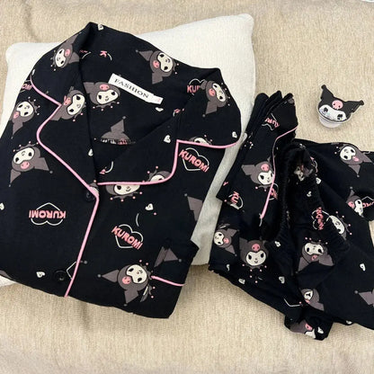 Kawaii Sanrios Kuromi Pajama Sets Spring and Autumn Cartoon Cotton Pajamas for Women Cute Casual Home Wear Set Couture Cozy