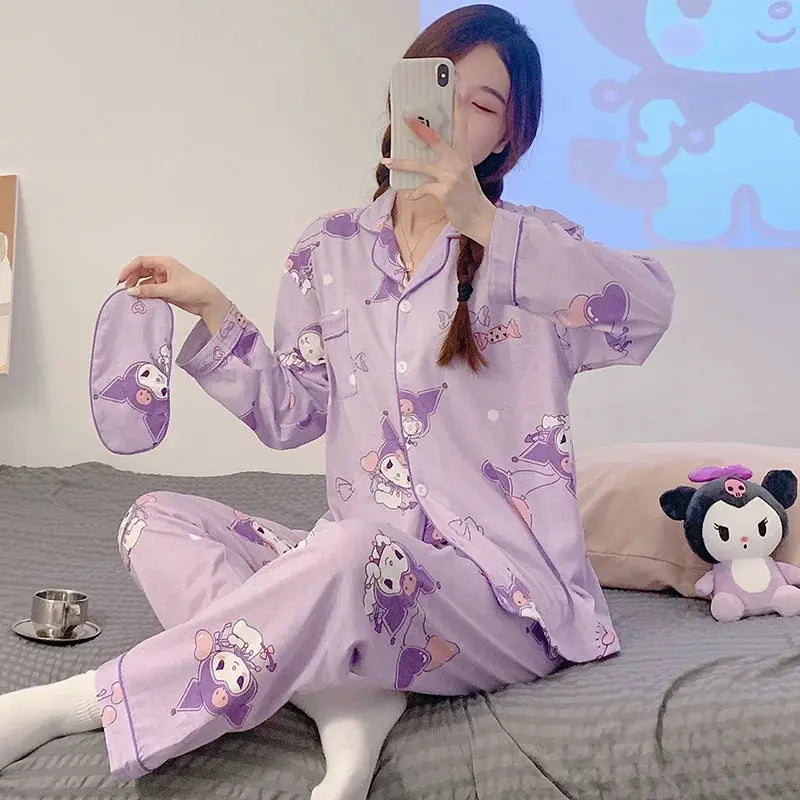 Kawaii Sanrios Kuromi Pajama Sets Spring and Autumn Cartoon Cotton Pajamas for Women Cute Casual Home Wear Set Couture Cozy