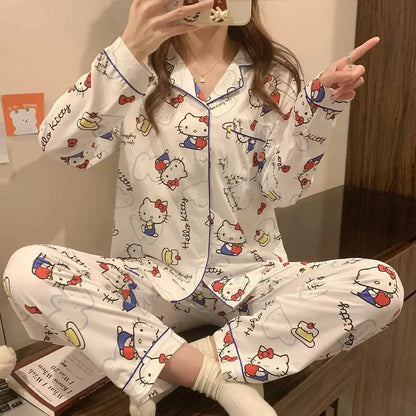 Kawaii Sanrios Kuromi Pajama Sets Spring and Autumn Cartoon Cotton Pajamas for Women Cute Casual Home Wear Set Couture Cozy