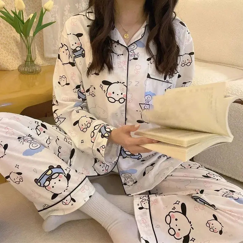 Kawaii Sanrios Kuromi Pajama Sets Spring and Autumn Cartoon Cotton Pajamas for Women Cute Casual Home Wear Set Couture Cozy