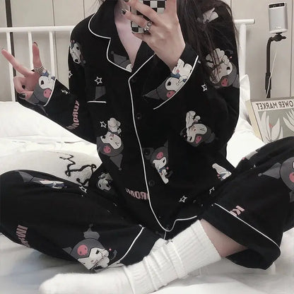 Kawaii Sanrios Kuromi Pajama Sets Spring and Autumn Cartoon Cotton Pajamas for Women Cute Casual Home Wear Set Couture Cozy