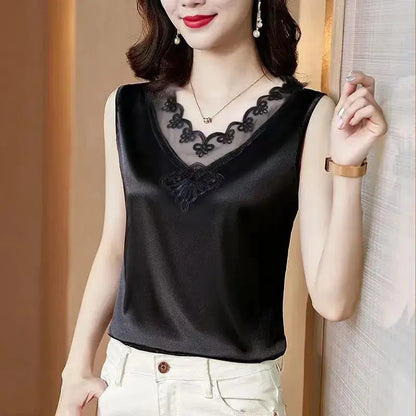 Korean Black Elastic Satin Lace Hollow Vest Fashion Formal V-neck Sleeveless Office Lady Suit Inside Tanks Tops Tees B3373 - Couture Cozy