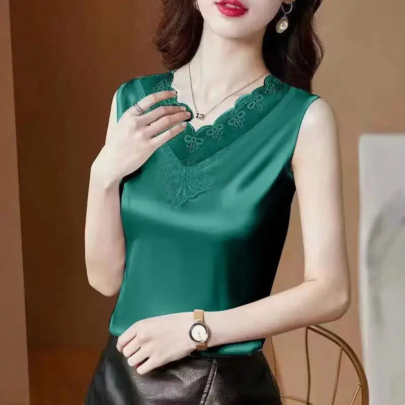 Korean Black Elastic Satin Lace Hollow Vest Fashion Formal V-neck Sleeveless Office Lady Suit Inside Tanks Tops Tees B3373 Couture Cozy