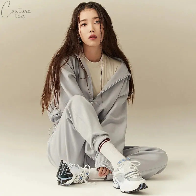 Kpop IU Winter Slim Two Piece Sets Women Tracksuit Autumn Trouser Suits Female Sweatshirt Solid Zipper Sports Hoodie Sportswear Couture Cozy