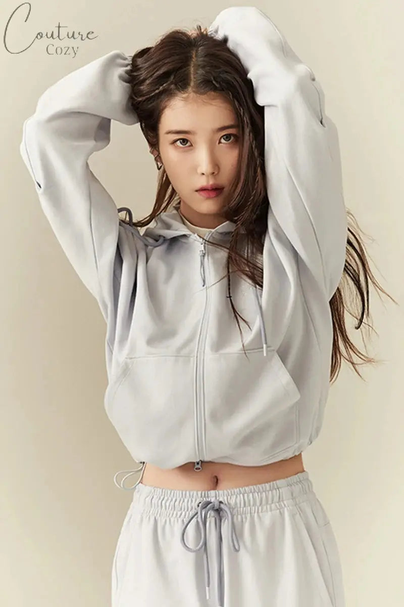 Kpop IU Winter Slim Two Piece Sets Women Tracksuit Autumn Trouser Suits Female Sweatshirt Solid Zipper Sports Hoodie Sportswear Couture Cozy