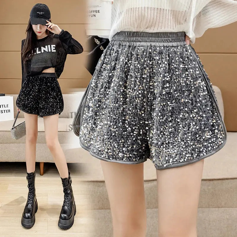 Lady Korean Fashion High Wasited Sequins Splicing Shorts Women Casual Girls Cute Sexy Glittering Booty Shorts Female Outerwear Couture Cozy