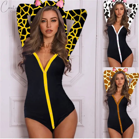 Leopard print belly-covering slimming one-piece pajamas bikini V-neck hooded uniform women's ready stock Couture Cozy