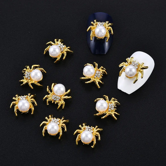 10 Pcs/Lot New Glitter Gold Spider 3D Nail Charms Jewelry DIY Pearl Alloy Nail Art Decorations Nails Tools Stickers - Couture Cozy