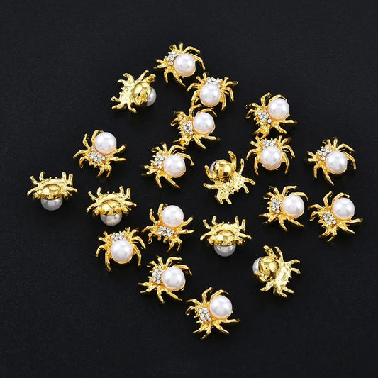 10 Pcs/Lot New Glitter Gold Spider 3D Nail Charms Jewelry DIY Pearl Alloy Nail Art Decorations Nails Tools Stickers - Couture Cozy