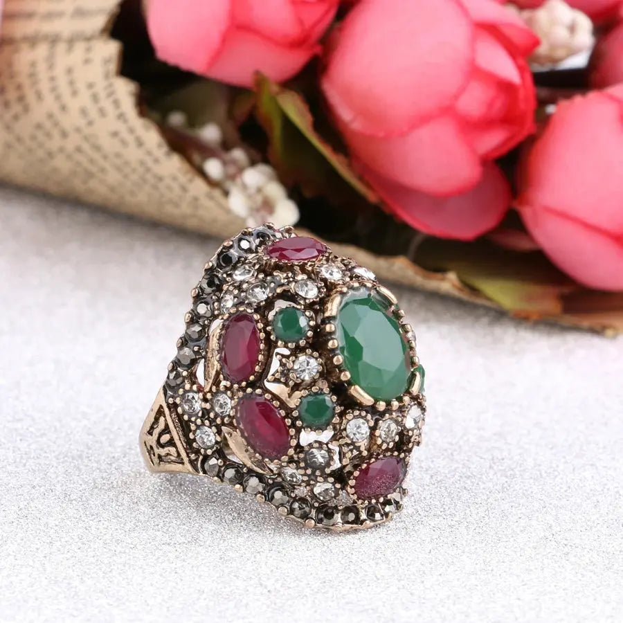 Luxury Turkish Jewelery Colorful Resin Ring Color Ancient Gold Vintage Wedding Rings For Women Crystal Accessories Gift - Couture Cozy