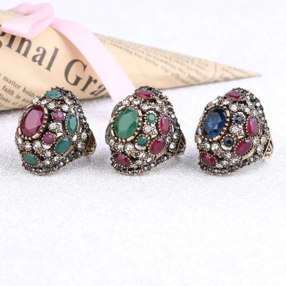 Luxury Turkish Jewelery Colorful Resin Ring Color Ancient Gold Vintage Wedding Rings For Women Crystal Accessories Gift - Couture Cozy