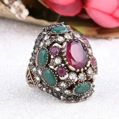 Luxury Turkish Jewelery Colorful Resin Ring Color Ancient Gold Vintage Wedding Rings For Women Crystal Accessories Gift - Couture Cozy