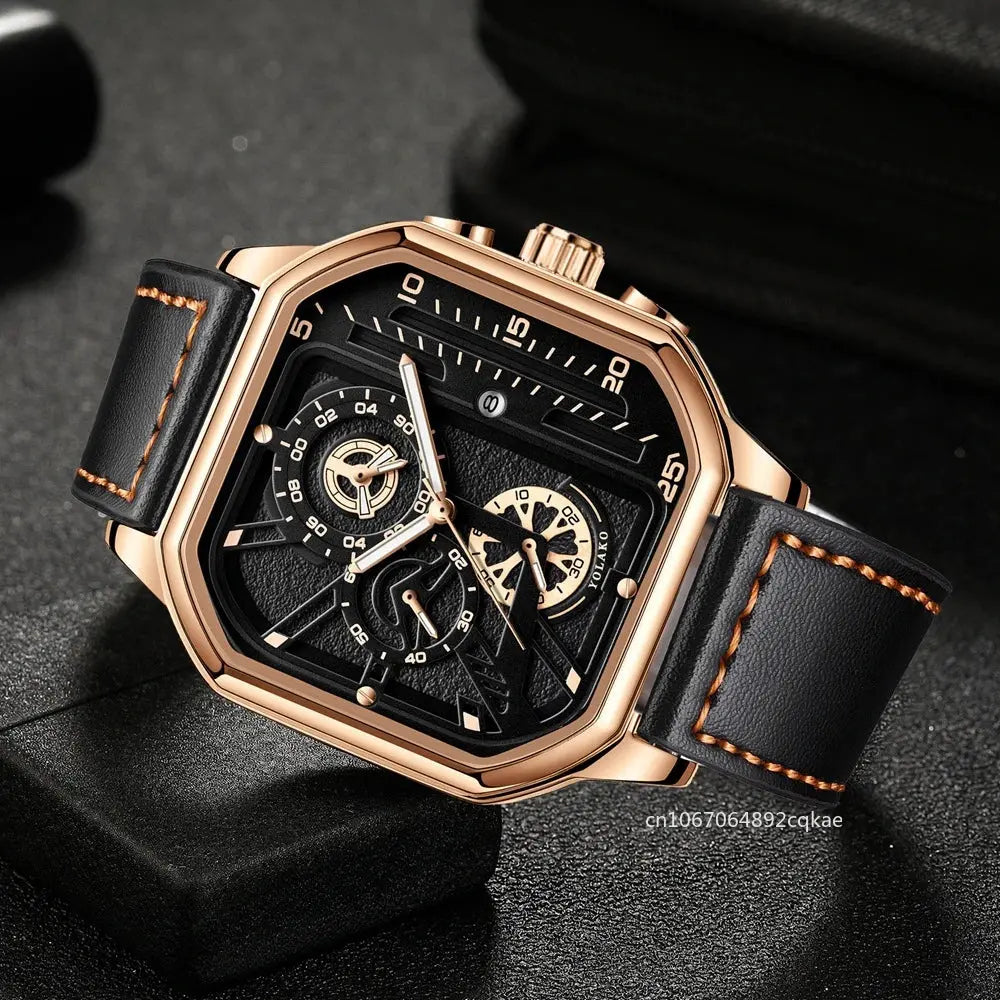 Men Quartz Watches Alloy Dial Business Men Watch PU Leather Strap Big Dial Square Sports Watch Cool Black Wristwatch for Man