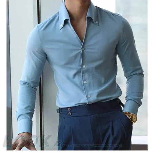 Men's Italian Collar Shirt, Wrinkle-free, Casual, Fashionable, Slim-fit with A Lapel Design, Branded Clothing, Youth, New