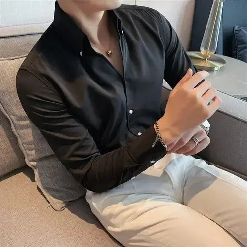 Men's Italian Collar Shirt, Wrinkle-free, Casual, Fashionable, Slim-fit with A Lapel Design, Branded Clothing, Youth, New