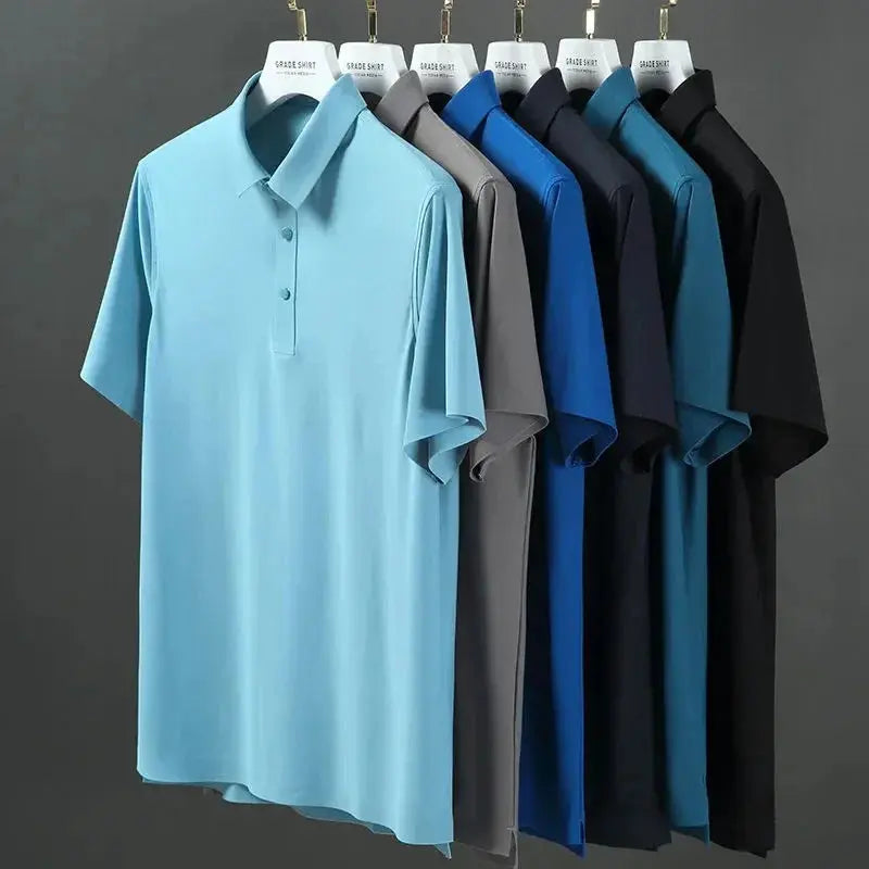 Men's Seamless Ice Silk Short-Sleeved T-shirt, Lapel Polo Shirt, Thin Monochromatic, Casual Business Half-Sleeved T-shirt, Summe