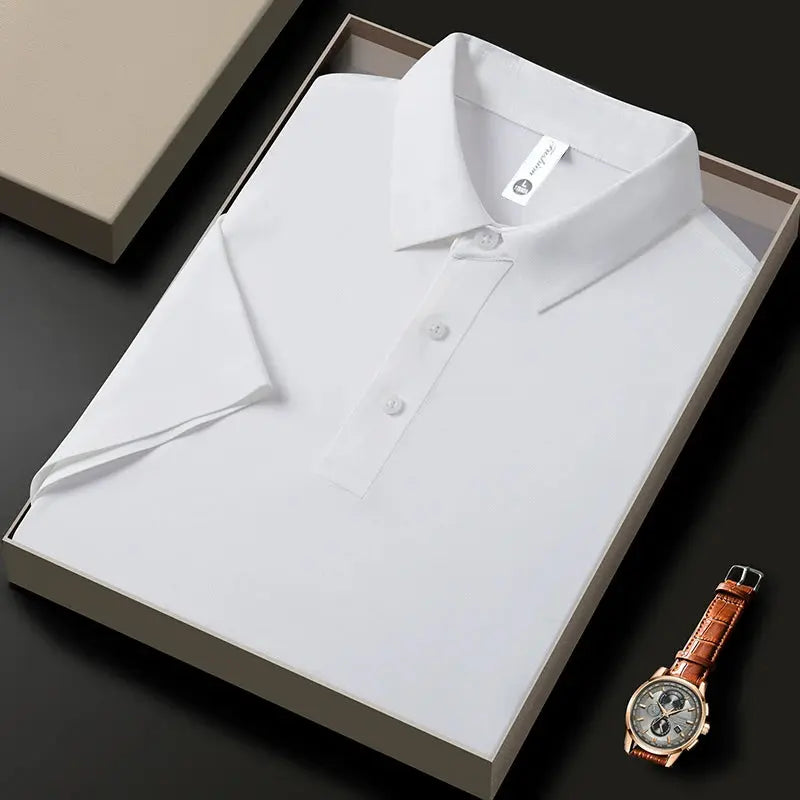 Men's Seamless Ice Silk Short-Sleeved T-shirt, Lapel Polo Shirt, Thin Monochromatic, Casual Business Half-Sleeved T-shirt, Summe