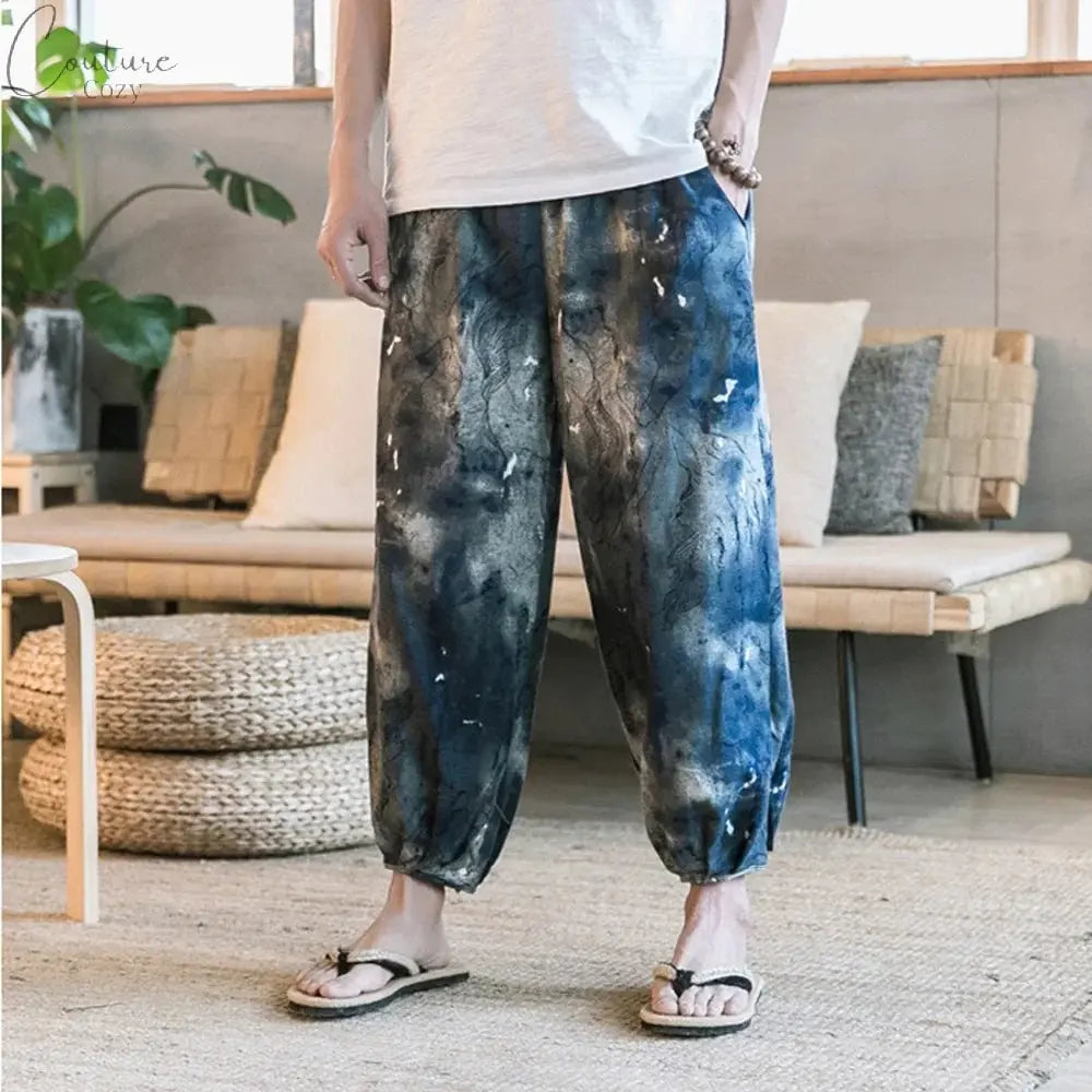 Men's Summer Cotton Linen Printed Elastic Loose Fitting Wide-leg Pants Quick Dry Soft Bloomers Breathable Lounge Pajama Trousers Couture Cozy