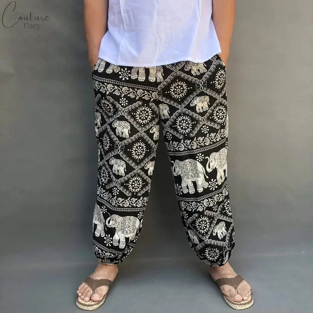 Men's Summer Cotton Linen Printed Elastic Loose Fitting Wide-leg Pants Quick Dry Soft Bloomers Breathable Lounge Pajama Trousers Couture Cozy