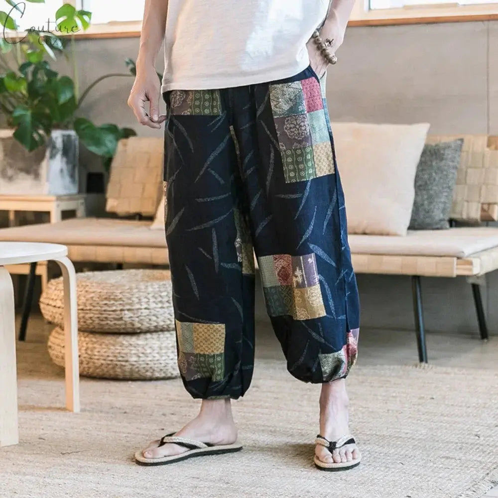 Men's Summer Cotton Linen Printed Elastic Loose Fitting Wide-leg Pants Quick Dry Soft Bloomers Breathable Lounge Pajama Trousers Couture Cozy