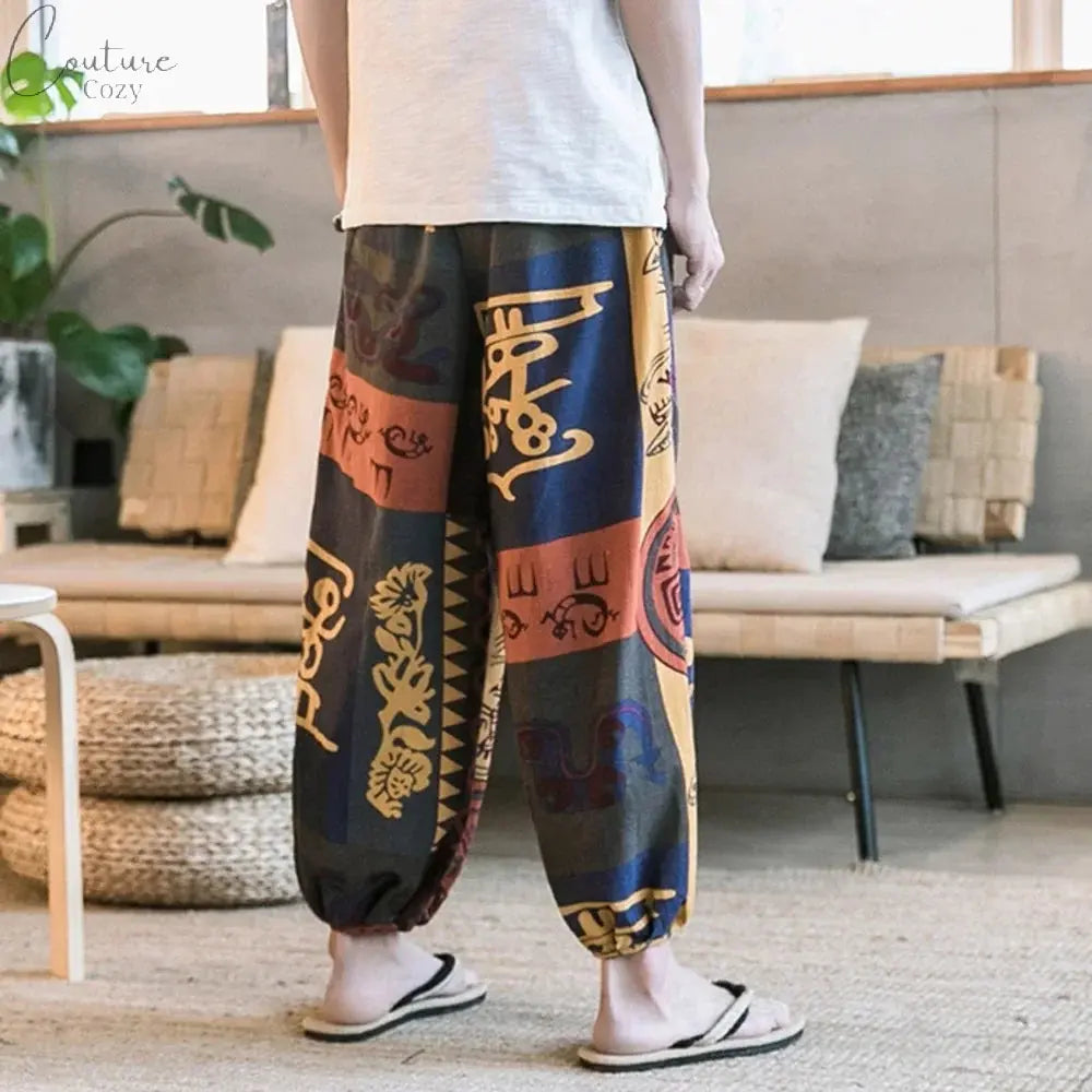 Men's Summer Cotton Linen Printed Elastic Loose Fitting Wide-leg Pants Quick Dry Soft Bloomers Breathable Lounge Pajama Trousers Couture Cozy