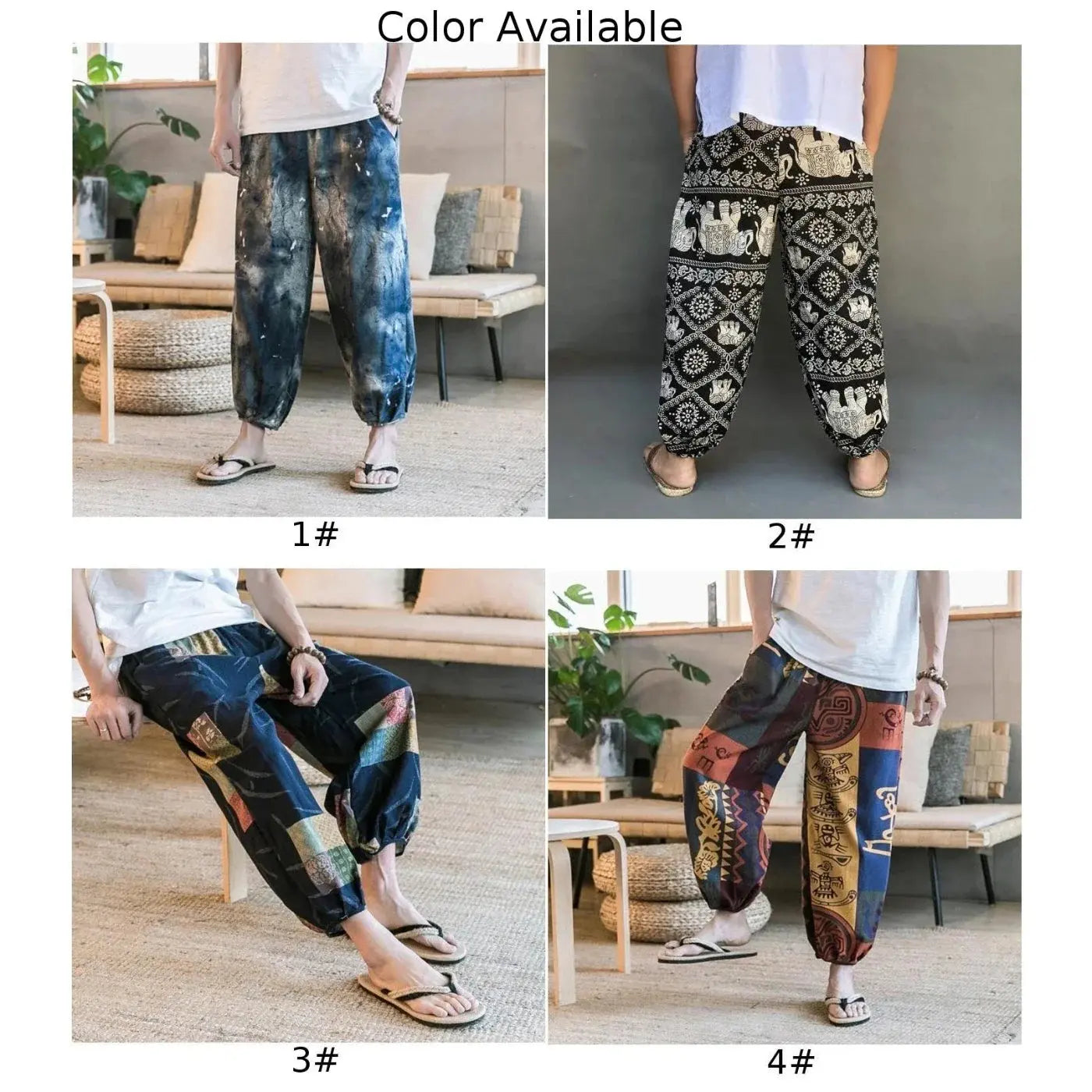 Men's Summer Cotton Linen Printed Elastic Loose Fitting Wide-leg Pants Quick Dry Soft Bloomers Breathable Lounge Pajama Trousers Couture Cozy