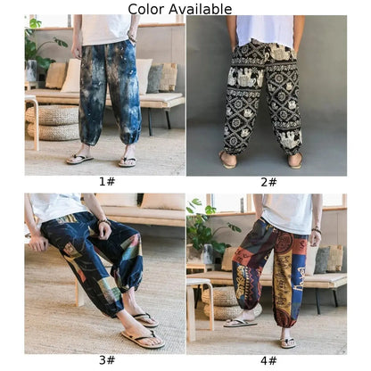 Men's Summer Cotton Linen Printed Elastic Loose Fitting Wide-leg Pants Quick Dry Soft Bloomers Breathable Lounge Pajama Trousers Couture Cozy