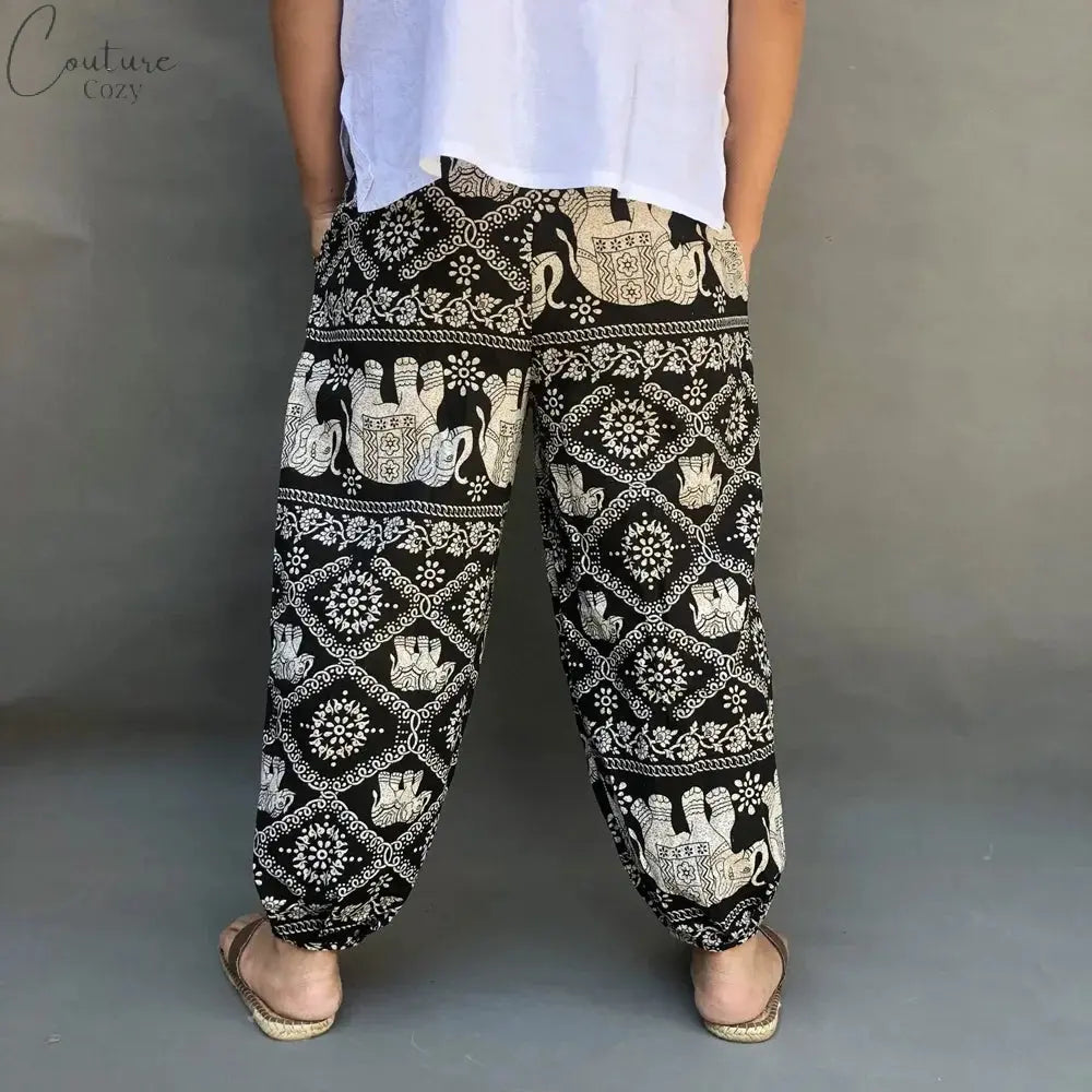 Men's Summer Cotton Linen Printed Elastic Loose Fitting Wide-leg Pants Quick Dry Soft Bloomers Breathable Lounge Pajama Trousers Couture Cozy