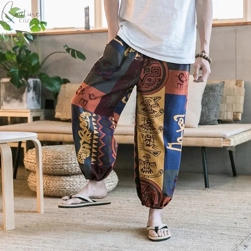 Men's Summer Cotton Linen Printed Elastic Loose Fitting Wide-leg Pants Quick Dry Soft Bloomers Breathable Lounge Pajama Trousers Couture Cozy