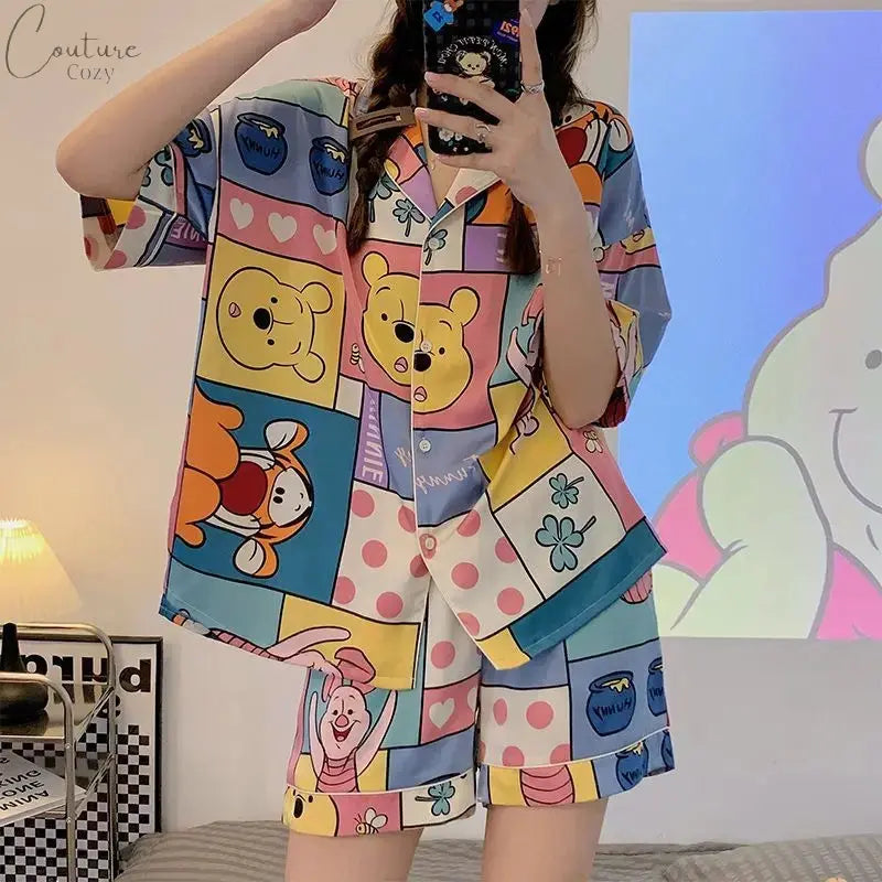 New Disney Winnie The Pooh Shorts Set Women Cute Cartoon Bear Pajamas Summer Short Sleeve Sleepwear Dormitory Home Clothing Y2k Couture Cozy