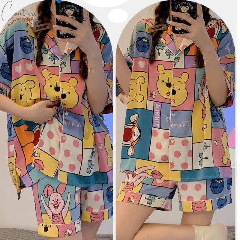 New Disney Winnie The Pooh Shorts Set Women Cute Cartoon Bear Pajamas Summer Short Sleeve Sleepwear Dormitory Home Clothing Y2k Couture Cozy