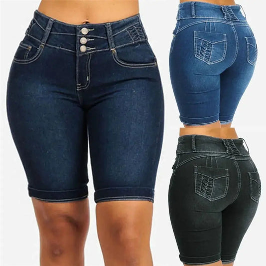 New Sexy Fashion Women Ladies Denim Skinny Shorts High Waist Stretch Bodycon Jeans Slim Shorts Knee Length Stretch Short Jeans Couture Cozy