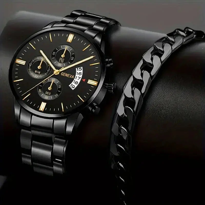 "Non-Waterproof" Elegant Men'S Stainless Steel Quartz Watch With World Time Feature & Matching Bracelet Set