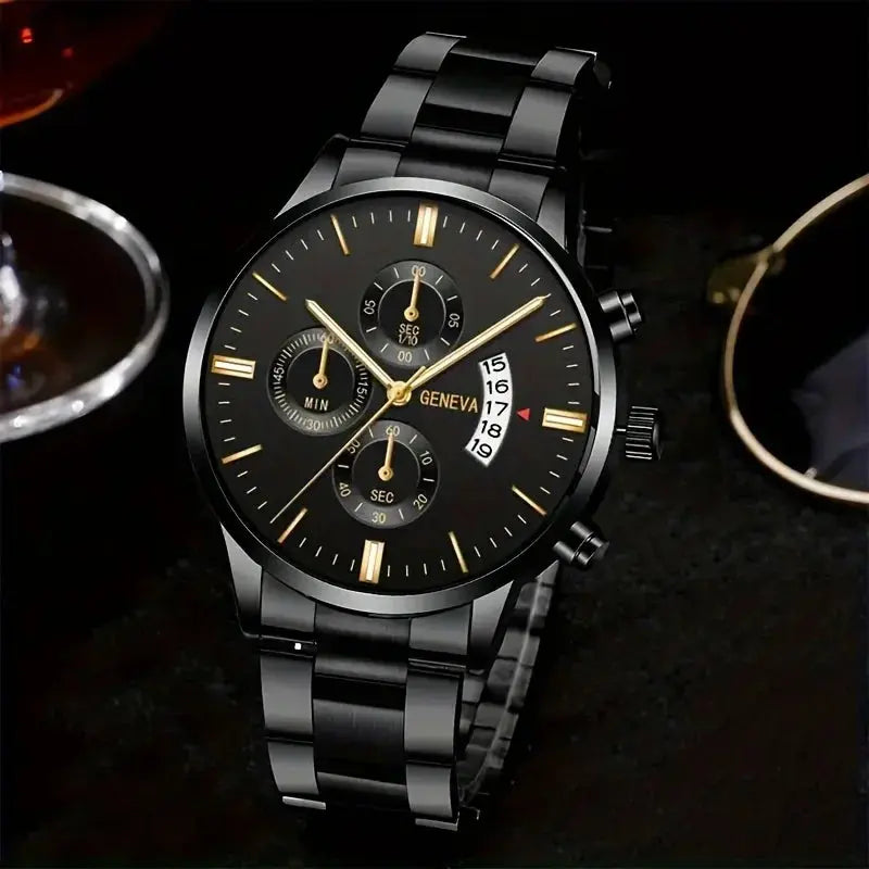 "Non-Waterproof" Elegant Men'S Stainless Steel Quartz Watch With World Time Feature & Matching Bracelet Set