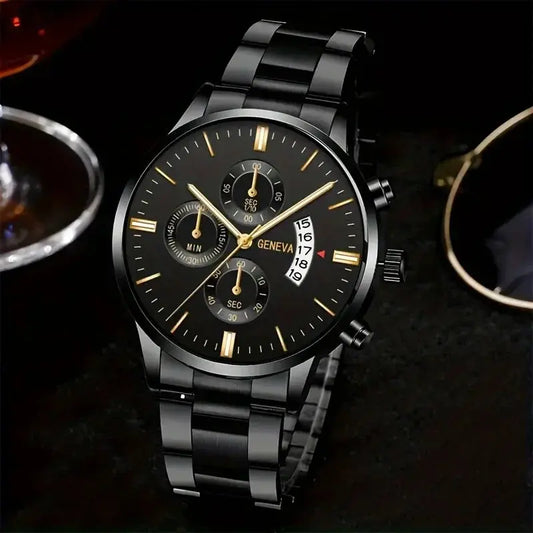 "Non-Waterproof" Elegant Men'S Stainless Steel Quartz Watch With World Time Feature & Matching Bracelet Set