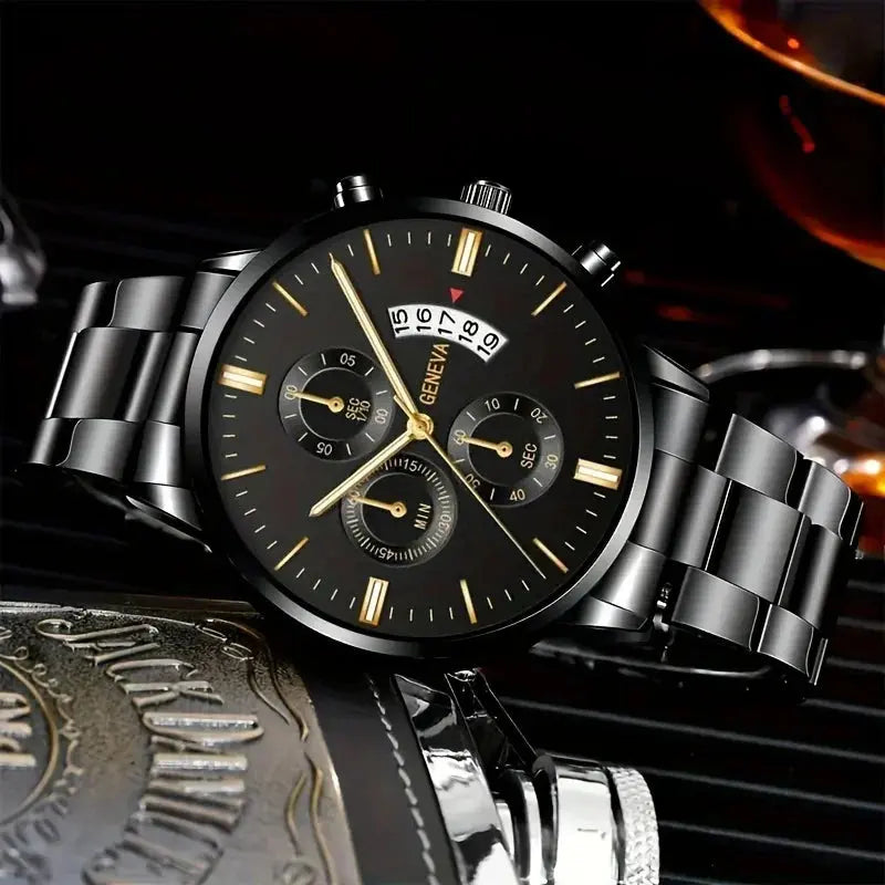 "Non-Waterproof" Elegant Men'S Stainless Steel Quartz Watch With World Time Feature & Matching Bracelet Set