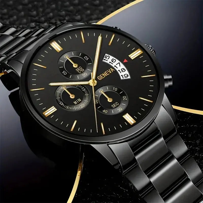 "Non-Waterproof" Elegant Men'S Stainless Steel Quartz Watch With World Time Feature & Matching Bracelet Set