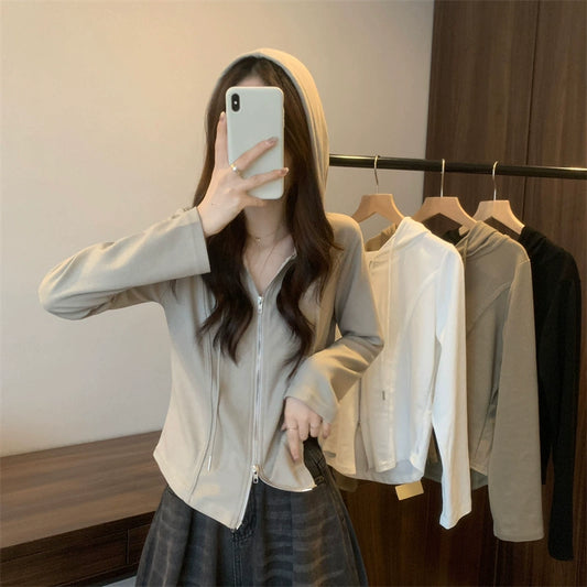 Women's Hooded Small Cardigan Outwear Long Sleeved Fitted T-shirt