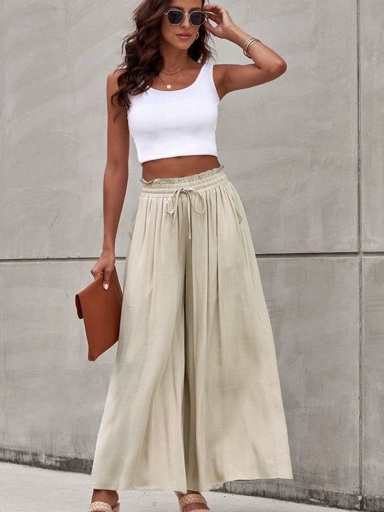 2024 Summer New Arrival Women's Casual Pants European and American Personalized Pure Color Elastic Waistband High Waist Thin Wide-Leg Pants Women
