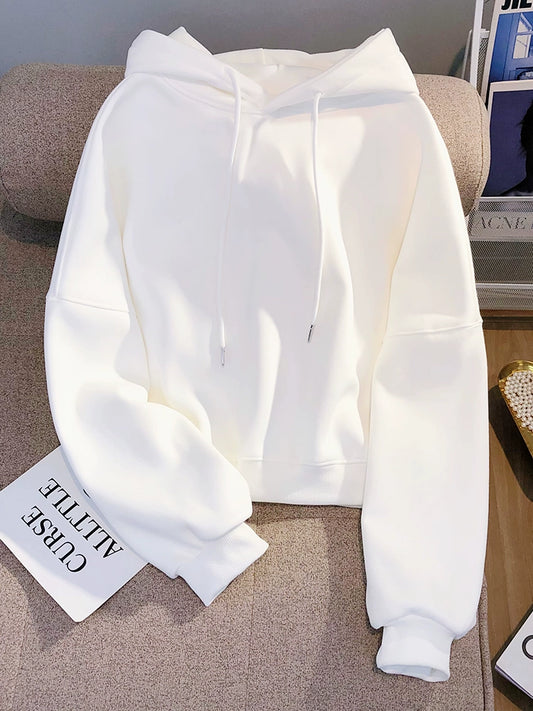 White Niche Style Fleece-lined Loose Design Hooded Sweatshirt