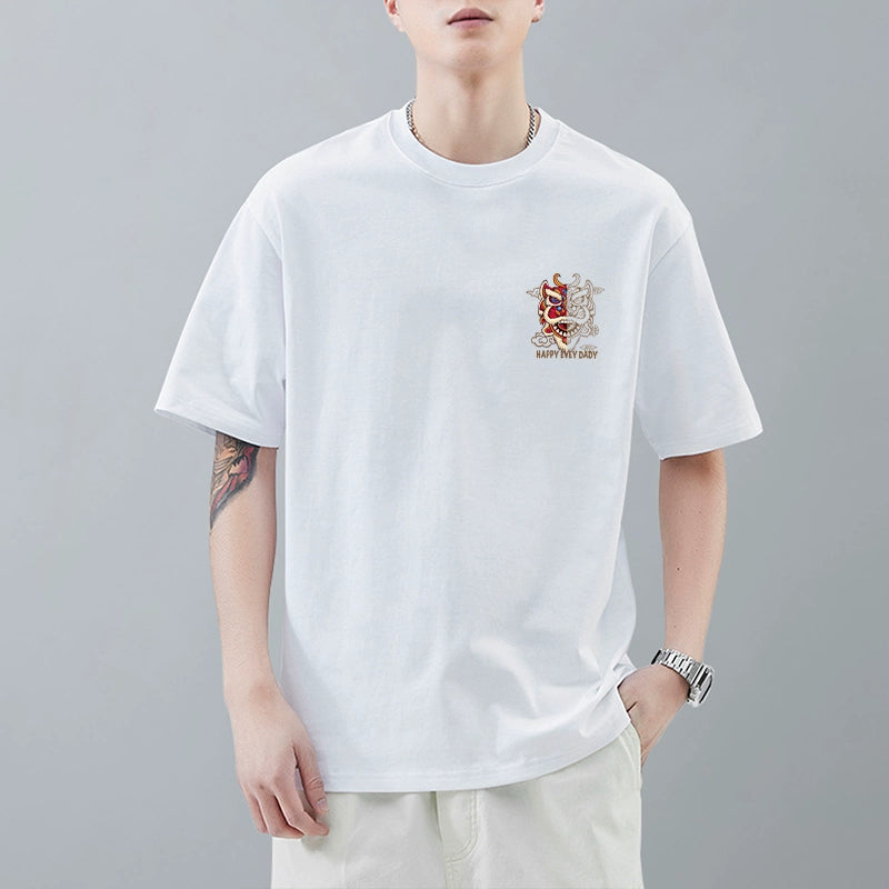 Trendy Pure Cotton Small Neckline Short Sleeve Lion Dance Hong Kong Style T-shirt